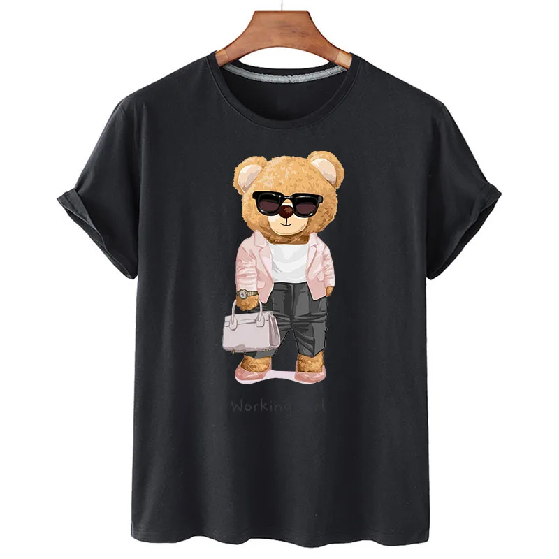 

100% Cotton Model Bear Print Shirt Short Sleeve O Neck Loose T Shirt Women's Summer Plus Size T Shirt Men's And Women's S-4XL