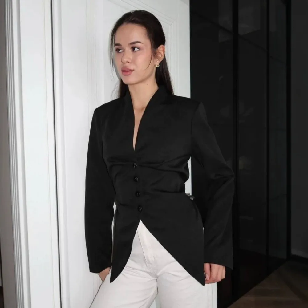 V Neck Women Blazer Suit Wrinkle Resist Soft Weave V Neck Blazer Boxy Silhouette Light Weight Office Outerwear Daily Formal Date