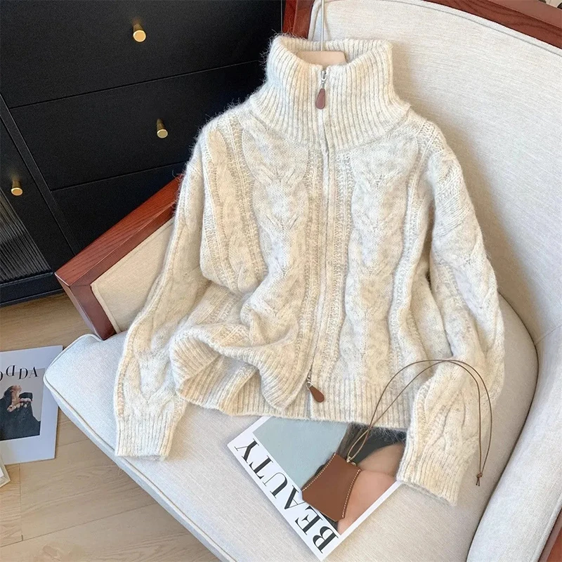 

Soft Turtleneck Cardigan Women Double Zipper Long Sleeve Elegant Aesthetic Sweater Loose Casual Lazy Wind Solid Simple Outwear