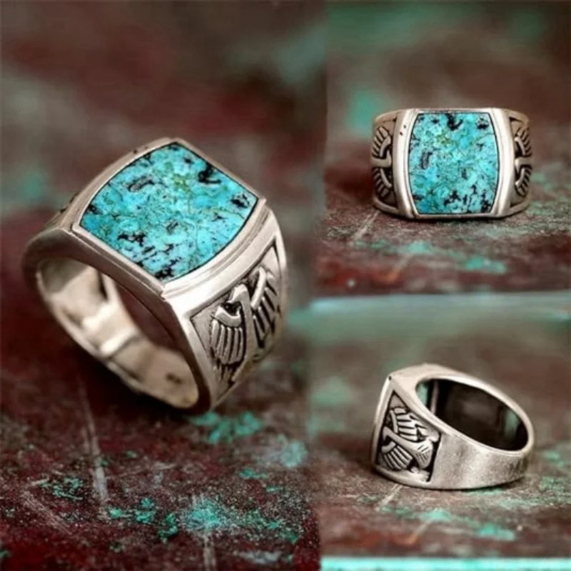 Vintage Eagle Turquoise Ring Mens Turkiye Hand carved Classic Eagle Ring Bohemian Square Natural Stone Ring Jewelry Gift for Men