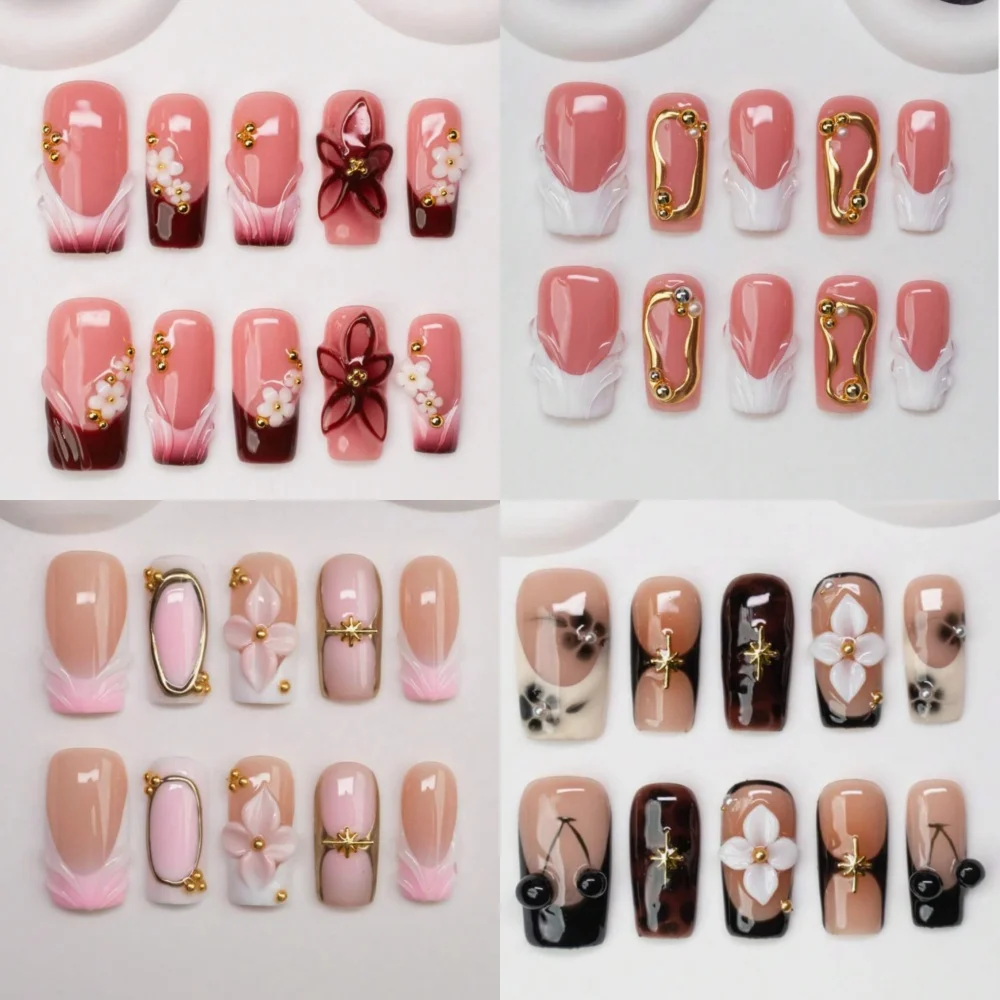 

10 Pcs Press On Nails Handmade Square Fake Nails Painting 3D Floral Design False Nails Reusable Acrylic Nails Set for Women