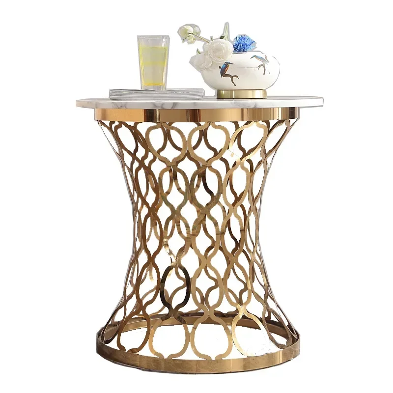 

Light luxury stainless steel hollow marble round corner table, small apartment living room hotel creative side table coffee tabl