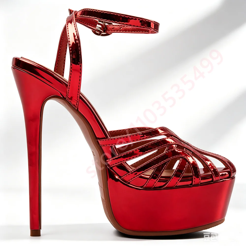 2026 Summer Metallic Cutout Platform Sandals Women Hollow Thin Straps Ankle Buckle Peep Toe Stiletto Heel Wedding Party Shoes
