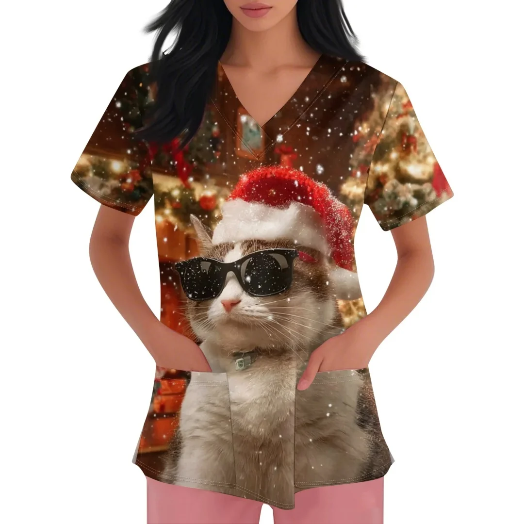 Nieuwe Sanitair Uniform Vrouw Kerstcollectie Print Modieuze V-hals Korte Mouw Hoge Kwaliteit Medische Uniformen Dames Top