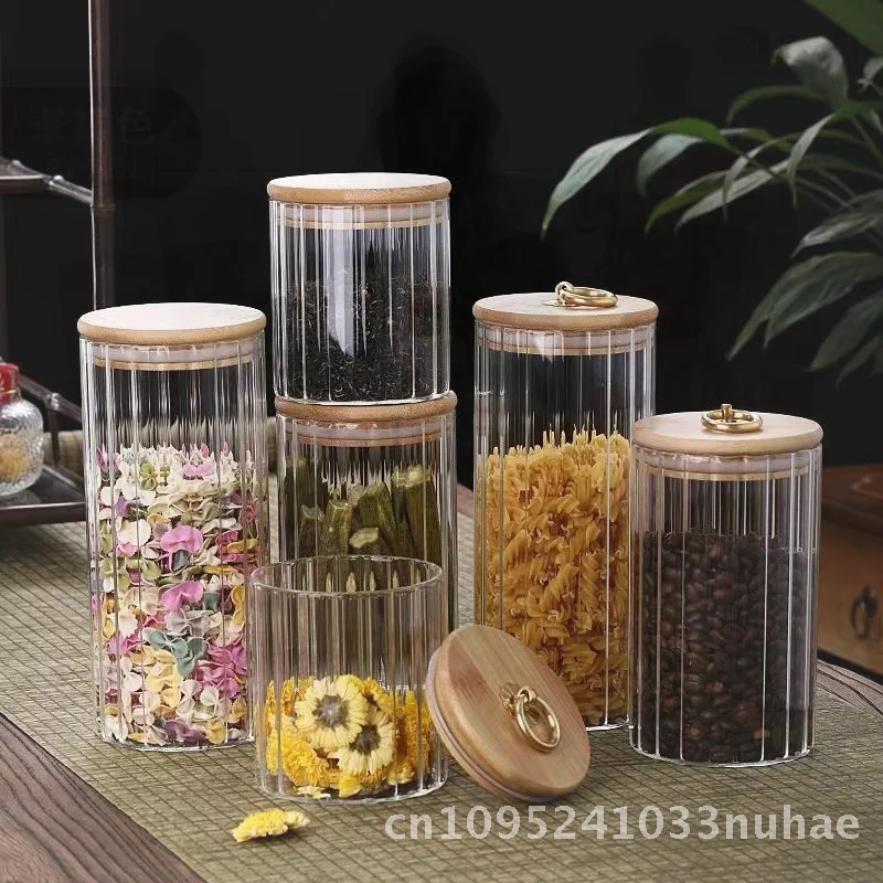 

Герметичная банка для хранения из боросиликатного стекла, круглая кухонная бутылка с вертикальным узором для хранения сухих продуктов, чая с плоской или медью