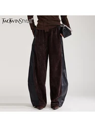 TWOTWINSTYLE Hit Color Patchwork Leather Chic Pants For Women High Waist Spliced Pocket Casual Full Length Trousers Female New