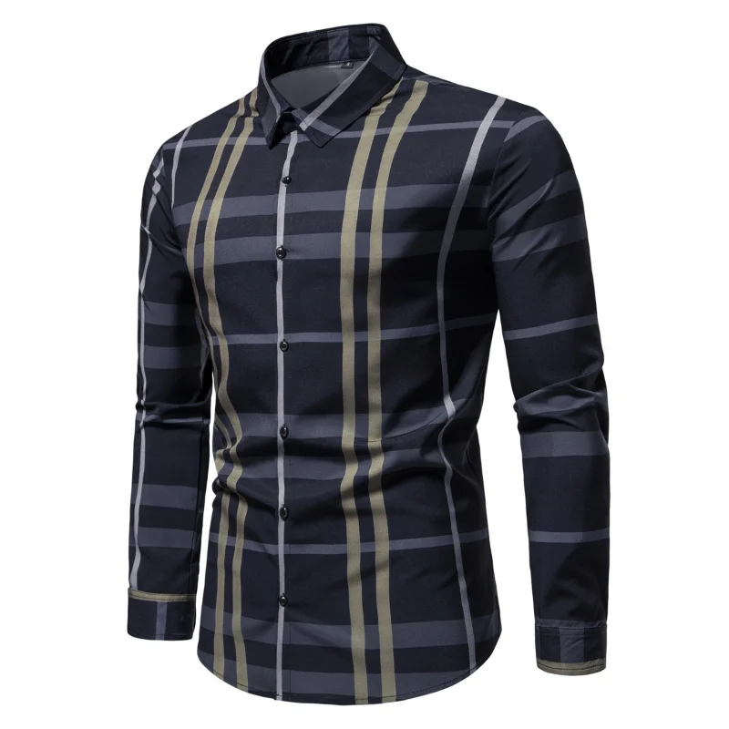 2023 New Men\'s Shirt Stripe Plaid Loose Business Casual High Quality Shirts Black and White long sleeve t shirt men