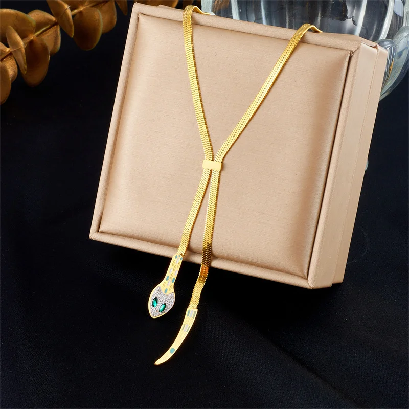 

18K Gold Snake Herringbone Necklace with Green Eye Cubic Zirconia 316L Stainless Steel Women Gothic Jewelry