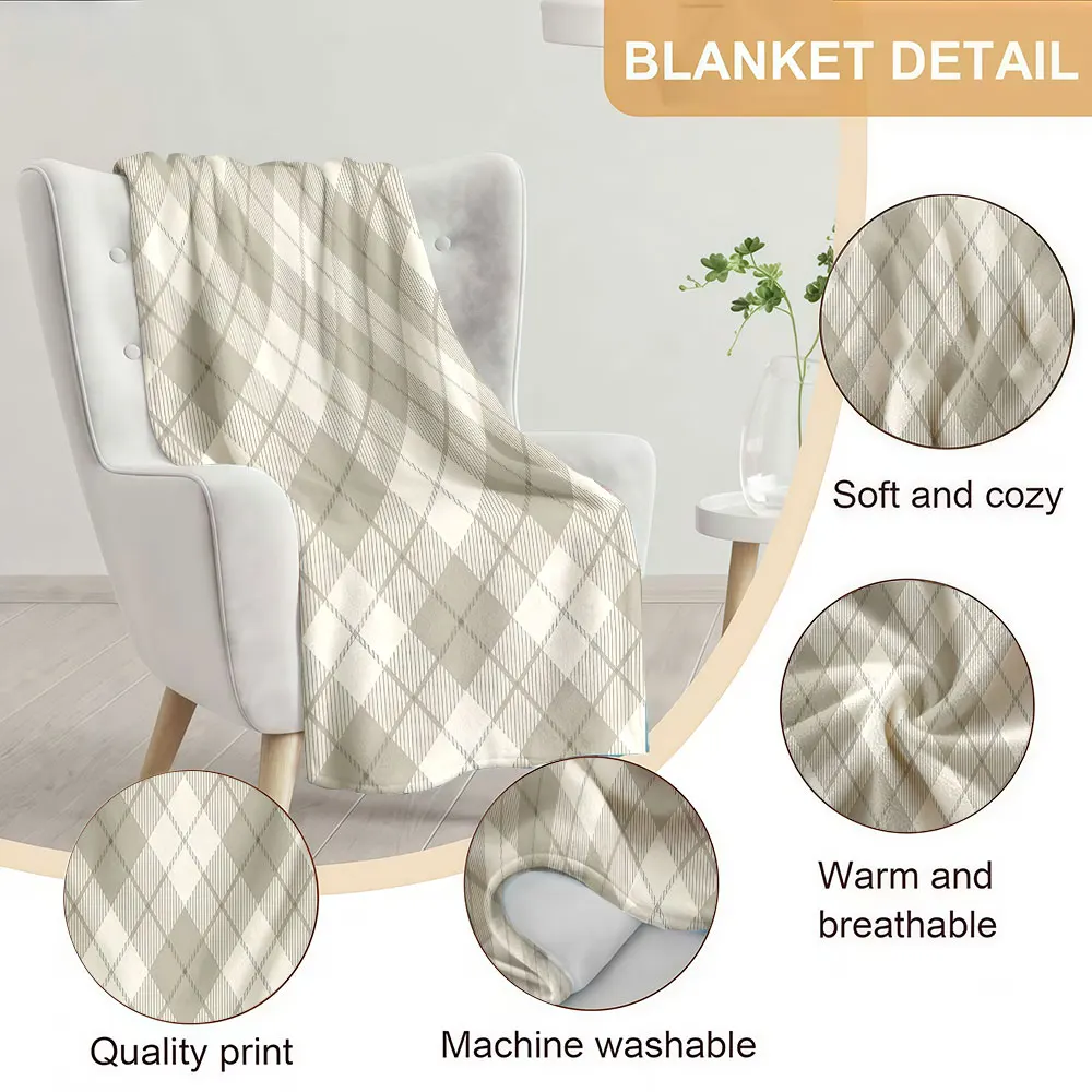 Beige Thin Line Argyle Soft Warm Flannel Blanket Lightweight Cozy Christmas Halloween Home Decor Room