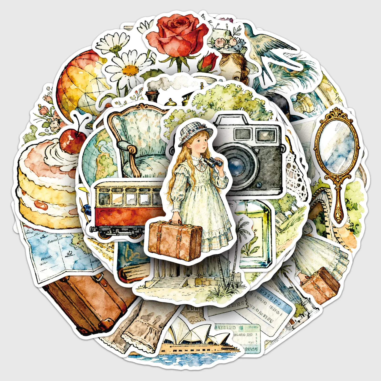 

50 Retro Travel Girl Stickers, Fresh Hand drawn Cartoon Creative Waterproof Decoration, Bookbook Gouka Stickers
