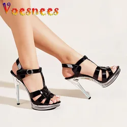 Black Lacquer Leather High Heels Summer New Fashion T Strap Sandals 12CM Office Women Shoes Crystal Printed Sole Sexy Model Pump