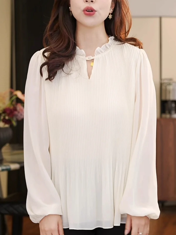 Mujer suelta larga Sve redondo Ne irt diseño de pliegue de madera otoño nuevo Sle Top adelgazante cómodo transpirable Faion