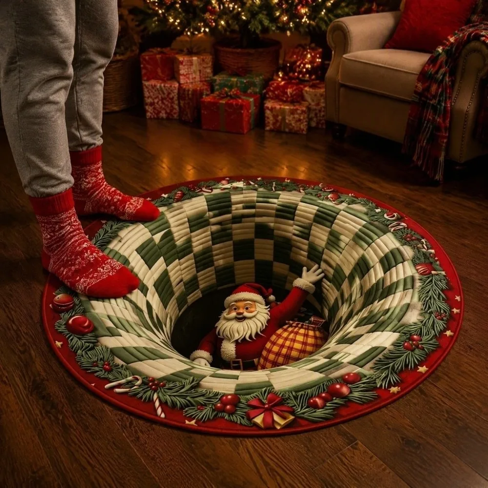 Cartoon Cute 2D Flat Printed Christmas Rug Non-Slip Velvet Christmas Doormat Santa Claus Floor Mat Round Vortex Carpet Kitchen