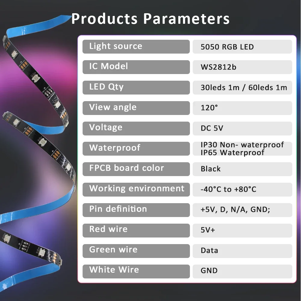 DC5V WS2812B RGB LED Strip Light Pixel RGB IC Colorfull Individually Addressable IP30 IP65 IP67 waterproof Tape Light Black PCB