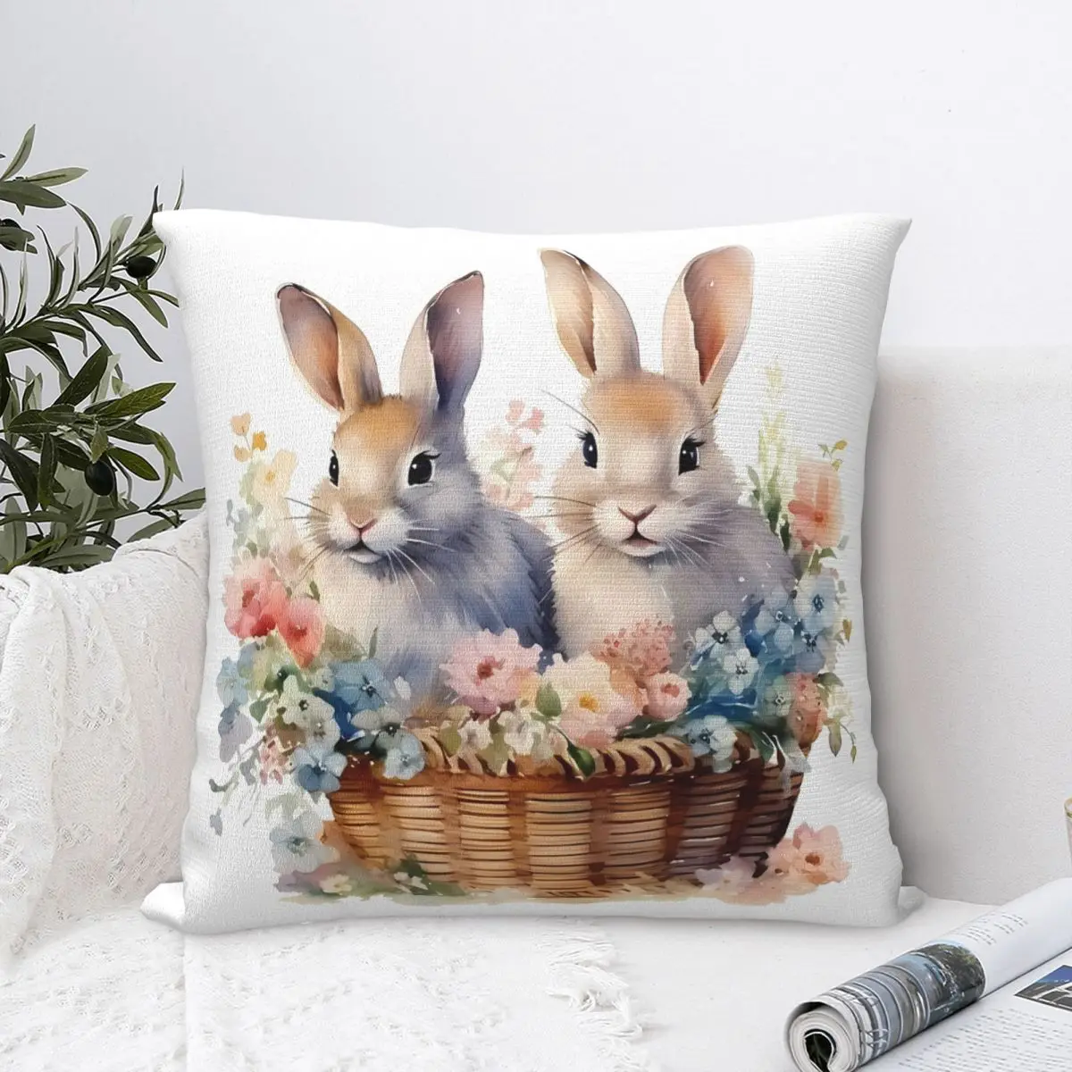 Hapyy Easter Pillow Cover Bunny in Basket Soft Pillow Case Cushion Cover Fashion Graphic Pillowcases For Sofa Home Decoration