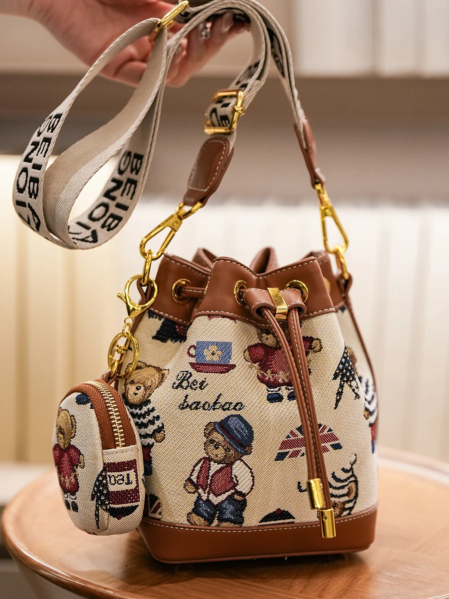 North Bag 2026 New Bear Embroidery Canvas Bucket Bag Women's Color Block Drawstring Shoulder Crossbody Bag Casual Style
