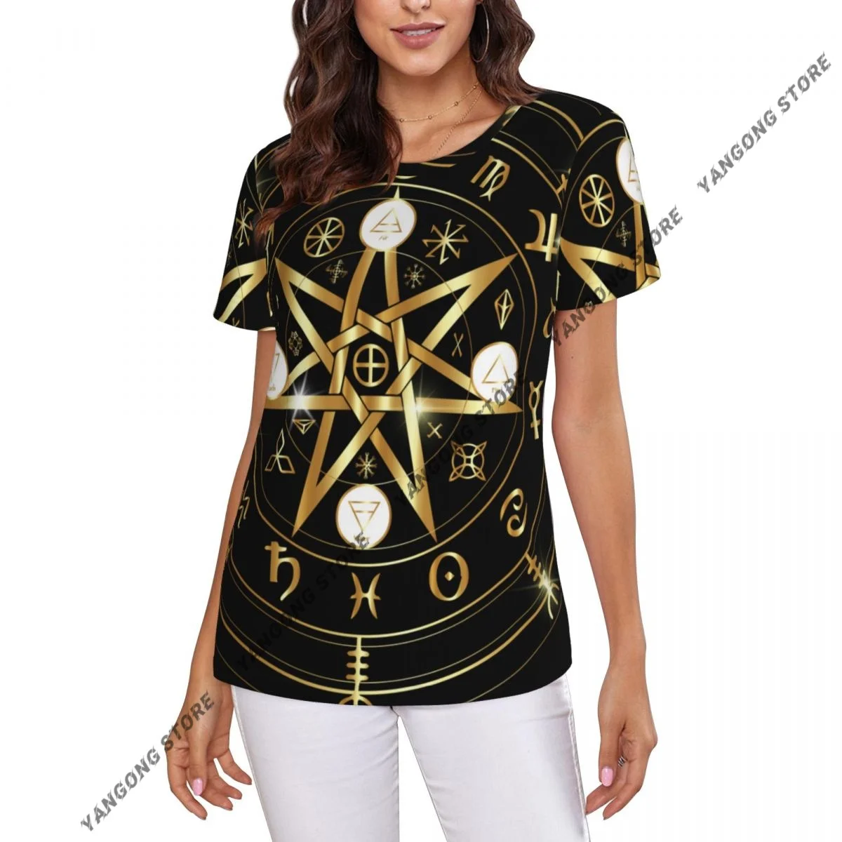 Women Short Sleeve Top Wiccan Mystic Zodiac T-shirt Fashion Summer Female Tops Loose Round Neck T Shirt