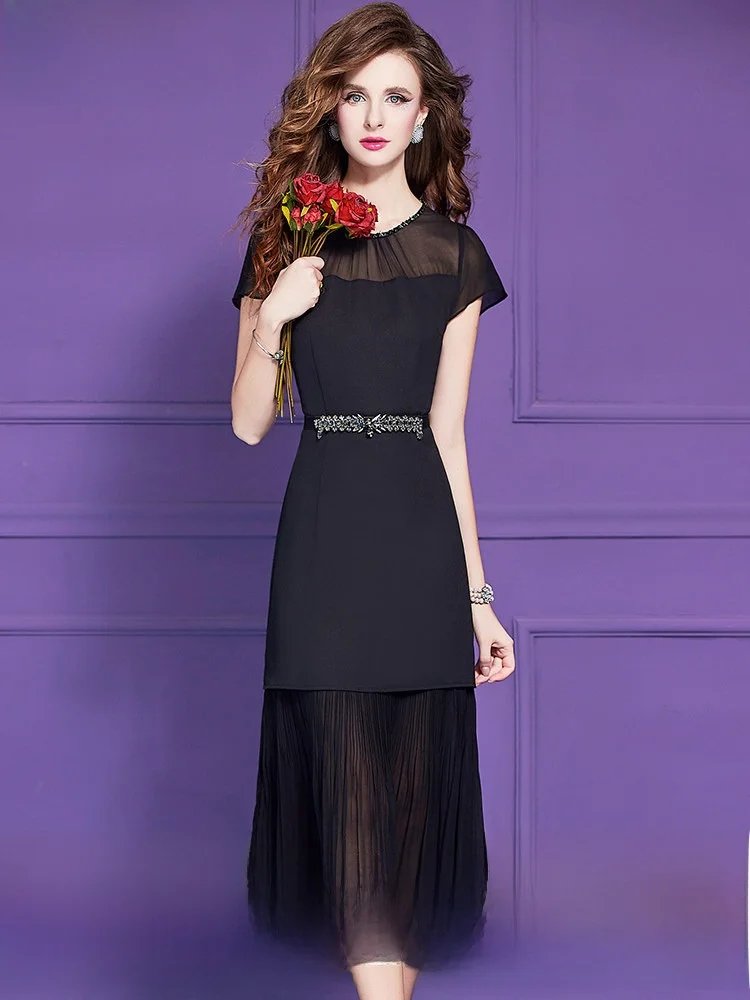 

Элегантное черное женское платье с коротким рукавом, приталенным силуэтом, уникальным дизайном, украшенное жемчугом, летнее, красивое, с юбкой А-силуэта