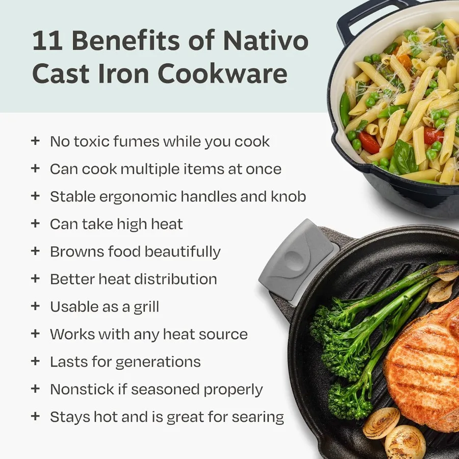 5 pc Stackable Cast Iron Cookware Set for Home Kitchen Use: Versatile Enamel Dutch Oven Seasoned Grill Pan Enamel Braiser with