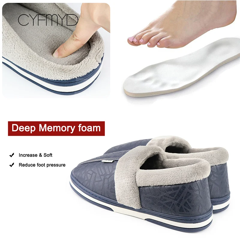 Warm Home Slippers for Men Massage Memory Foam Winter Household Slippers for Male Indoor Shoes Leather Non-Slip Plus Size 50 51