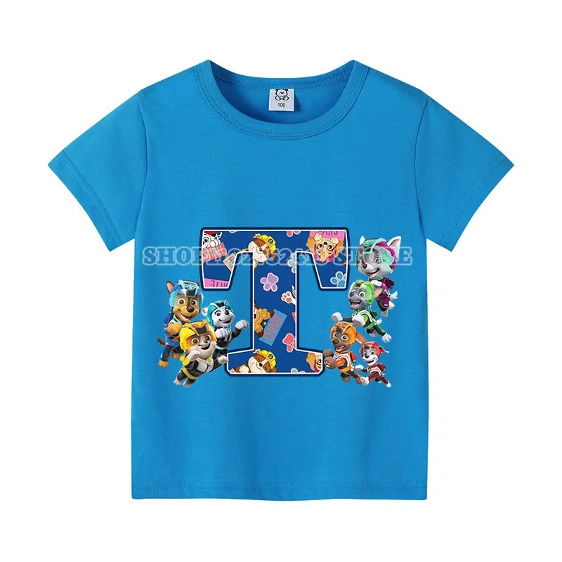 Paw Patrol T-Shirt Zomer Ronde Hals Schattige Cartoon Kleding Kids Korte Mouw Achtervolging Letters Print Jongens & Meisjes Tops Verjaardagscadeau