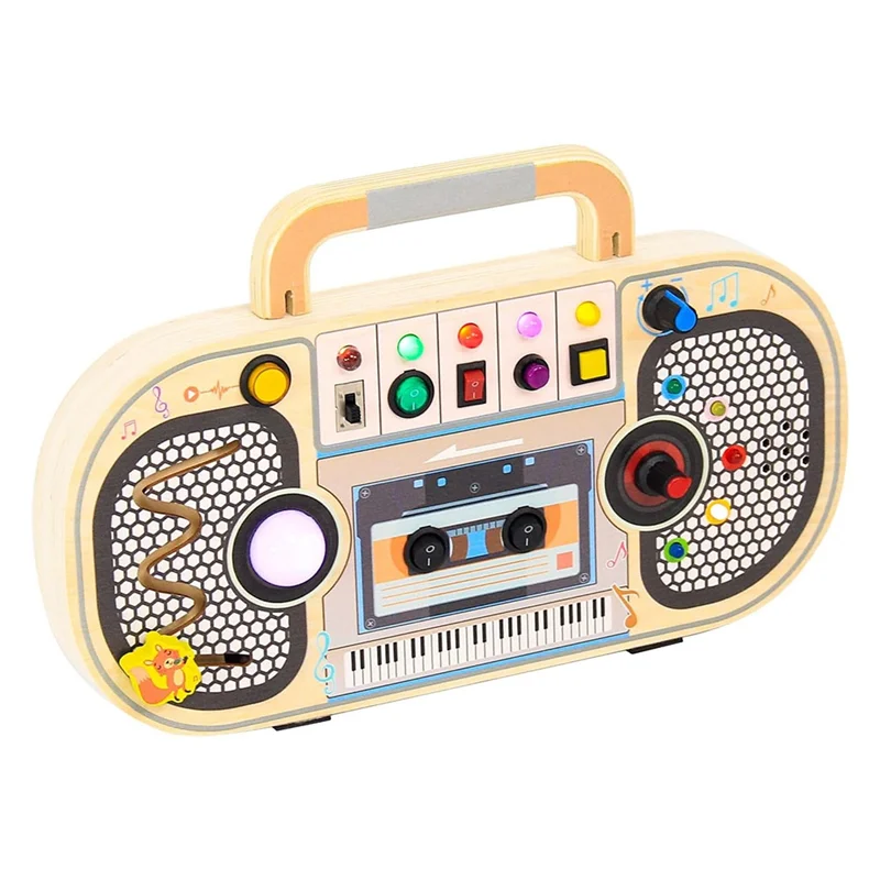 

A04F-Montessori Wooden Digital Voice Recorder,5 Music Toggle Switchs ,Toddler Busy Board With 7 LED Light Montessori