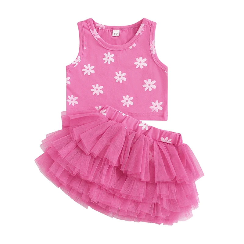 

Baby Girl Summer Outfits Flower Print Round Neck Sleeveless Tank Tops Layered Mesh Tulle Tutu Skirts 2Pcs Clothes Set