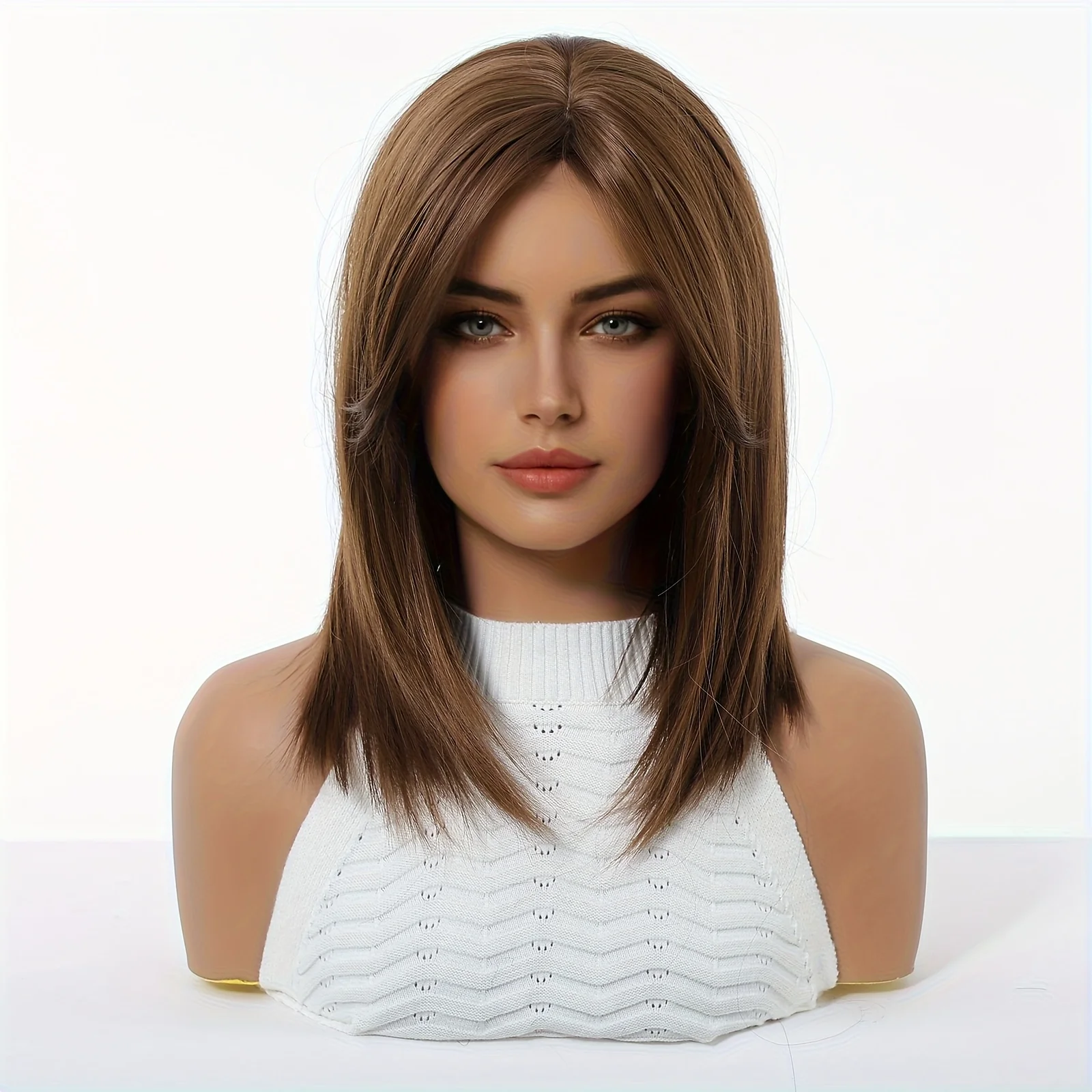 14inch Dark Brown Layered Bob Wig with Bangs, Synthetic Wig Suitable for Women to Wear