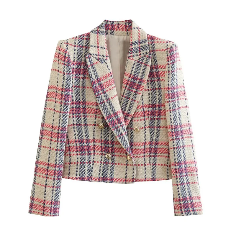 Women's New Woolen Texture Double Breasted Slim Fit Plaid Front Shoulder Suit Jacket