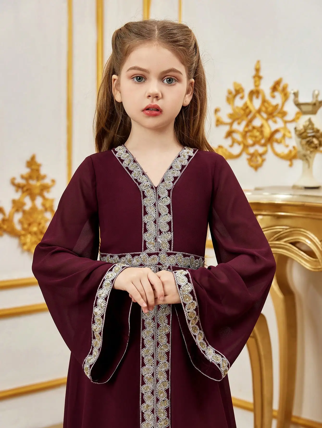 Flare Sleeve Patchwork Ribbon & Chiffon Party Dress,V-Neck Long Sleeve Color Block Knit Dress with Lace Decoration