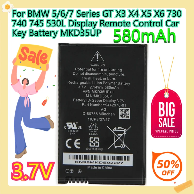 

For BMW 5/6/7 Series GT X3 X4 X5 X6 730 740 745 530L Display Remote Control Car Key Battery MKD35UP 580mAh