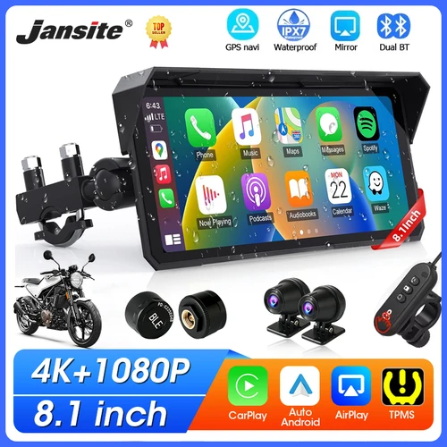 Pantalla CarPlay para motocicleta 4K de 8,1 pulgadas, cámara de salpicadero 4K, inalámbrica, Carplay, Android, Auto, Bluetooth, navegación GPS, pantalla impermeable IPX7