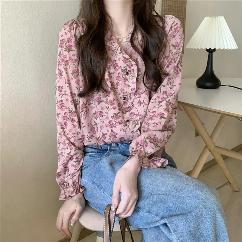 French V-neck Vintage Temperament Floral Printing Young Style Long Sleeved Shirt Autumn New Fashion Casual Elegant Women\'s Top