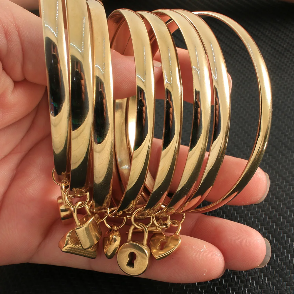 Fashion Stainless Steel Jewelry Plated Gold Color Inner Diameter 68mm (22cm Long) Charm Pendant Bangles For Women Girl BFADARBI