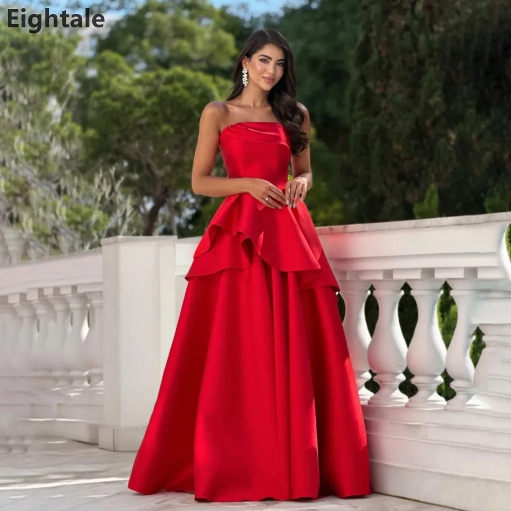 

Eightale 2026 Red Strapless Satin Ruffled Peplum Tiered Prom Dresses Formal Evening Party Gowns Customized