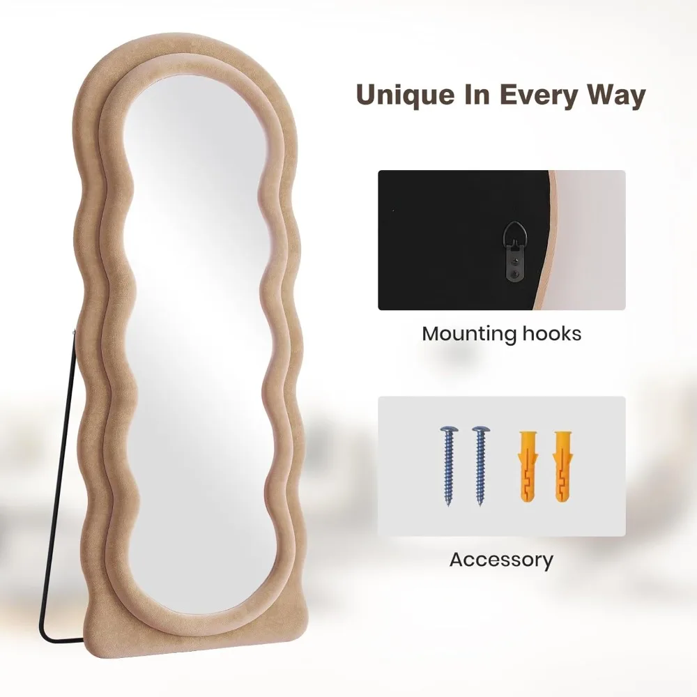 Gewölbter, gewellter Ganzkörper-Bodenspiegel zur Wandmontage, 63 x 24 Zoll, hängende Wand, Milchteeflanellrahmen, Ständer im Lieferumfang enthalten, voll