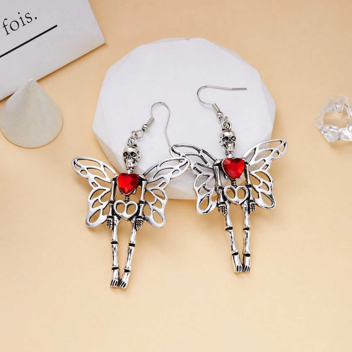 Halloween Baumeln Ohrringe Rotes Herz Hohl Metall Schmetterling Flügel Skelett Knochen Tropfen Ohrring Für Frauen Männer Gothic Schmuck Geschenk