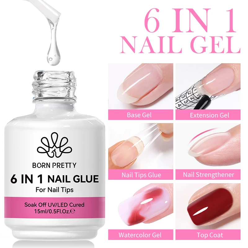 BORN PRETTY 6 IN 1 nagellijmgel 15 ml voor acrylnagels losweken basisgel toplaag UV-verlenging nagelgel valse nageltips gel