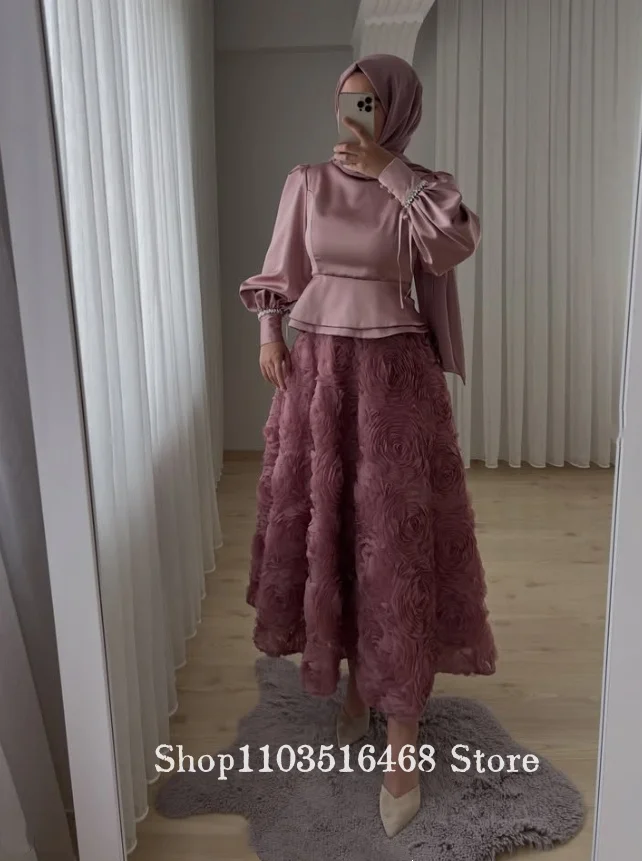 Ash-Pink Muslim Evening Gown Customized Luxury Satin 3D Rose Ball Gown Islamic Event Gown Wedding Guest Dress Bridesmaid Dress