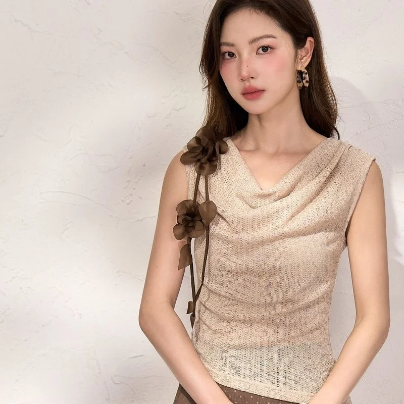 Women's Summer Sleeveless Strap Vest Outerwear Design Sense Hanging Neck Design 3D Flower Pattern Atmospheric Feel Good to Wear