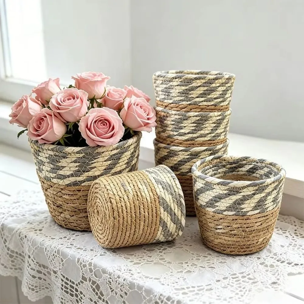 New Rattan Straw Woven Straw Plant Basket Handmade Woven Plant Containers Rattan Flower Pot Storage Basket