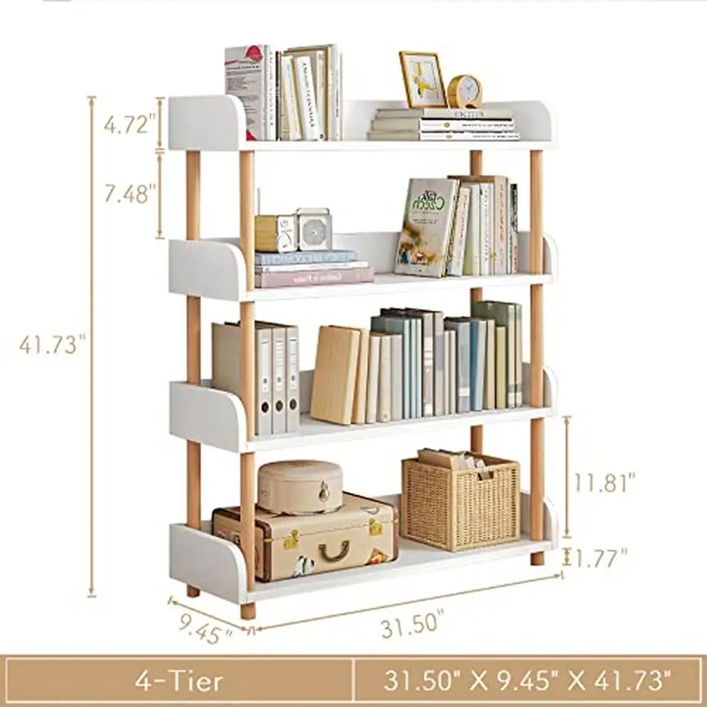 4-Tier Wooden Modern Bookshelf with Solid Wood Frame Durable Sturdy Design Home and Office Storage Freestanding Shelving Unit