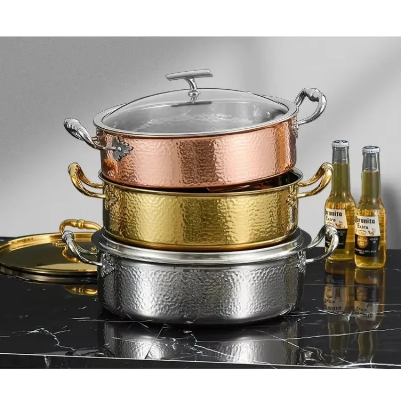Italian manual hammer printing pot 3-layer steel clear soup pot Commercial double flavor 304 stainless steel thick hot pot