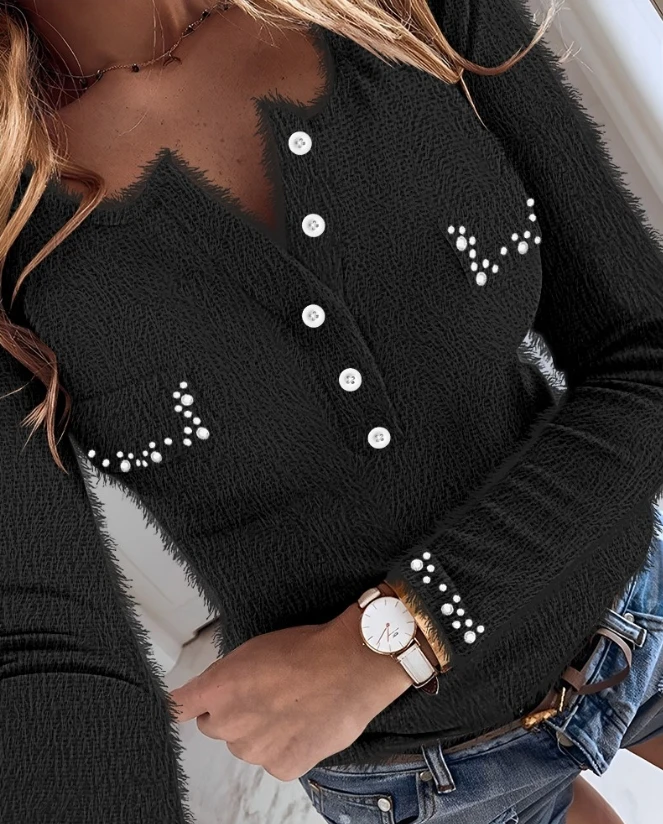 2023 Autumn Winter Spring Fashion Casual Fuzzy Buttoned Beaded Long Sleeve Top Female Clothing T-Shirts Pullover Tops