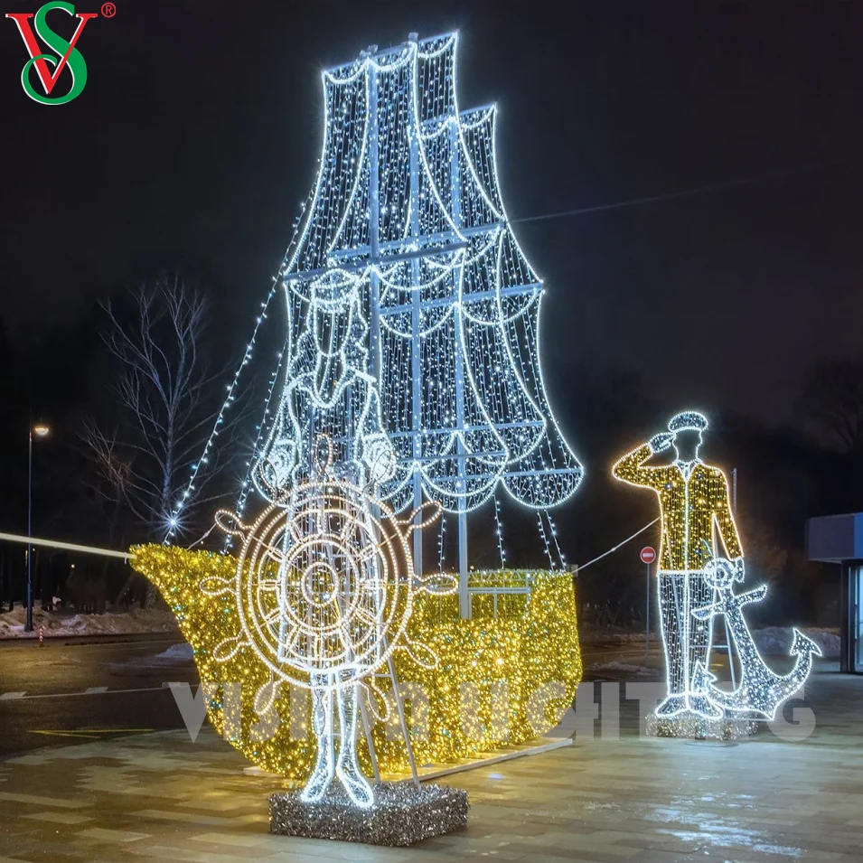 3D Barco Escultura LED Navio Luzes Motif para o Natal, Rua Comercial ao ar livre Decoração, IP65