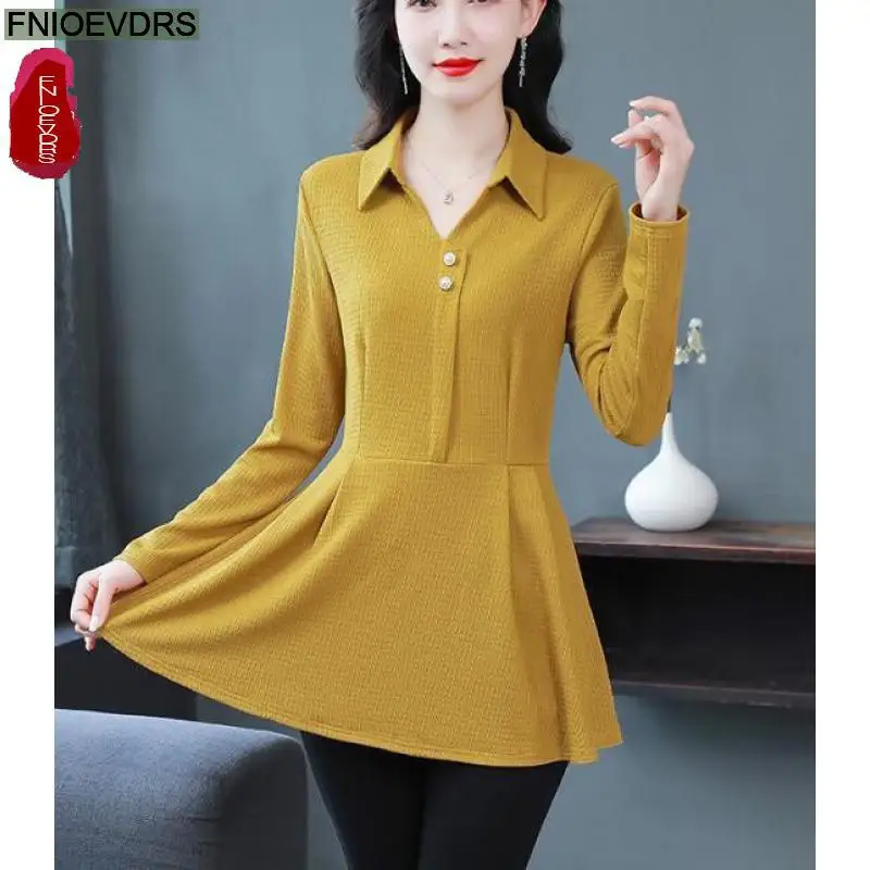 

L-5XL Loose Clothes Women 2023 Autumn Elegant Office Lady Long Shirts Casual Retro Vintage Yellow Button Peplum Tops Blouses