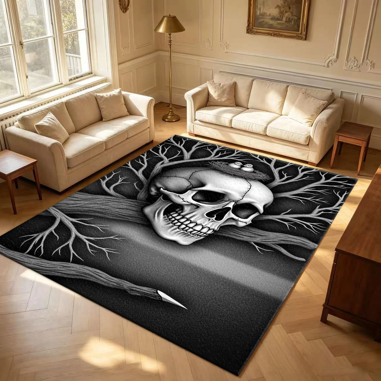 Black And White Skull Tree Root Bird Nest Dark Art Carpet Flooring Gothic Style Area Rug