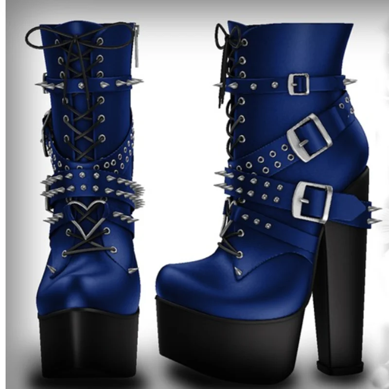 

Blue Rivet Buckle Platform Leather Boots Chunky Heel Round Toe Fashion Cool 2025 Summer Big Size Woman Shoes Zapatillas Mujer
