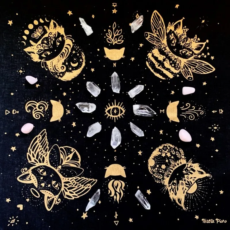 VIKAMA Black Gold Mystic Cat Tarot Altar Cloth Witchcraft Divination Tablecloth Moon Star Crystal Ritual Decor
