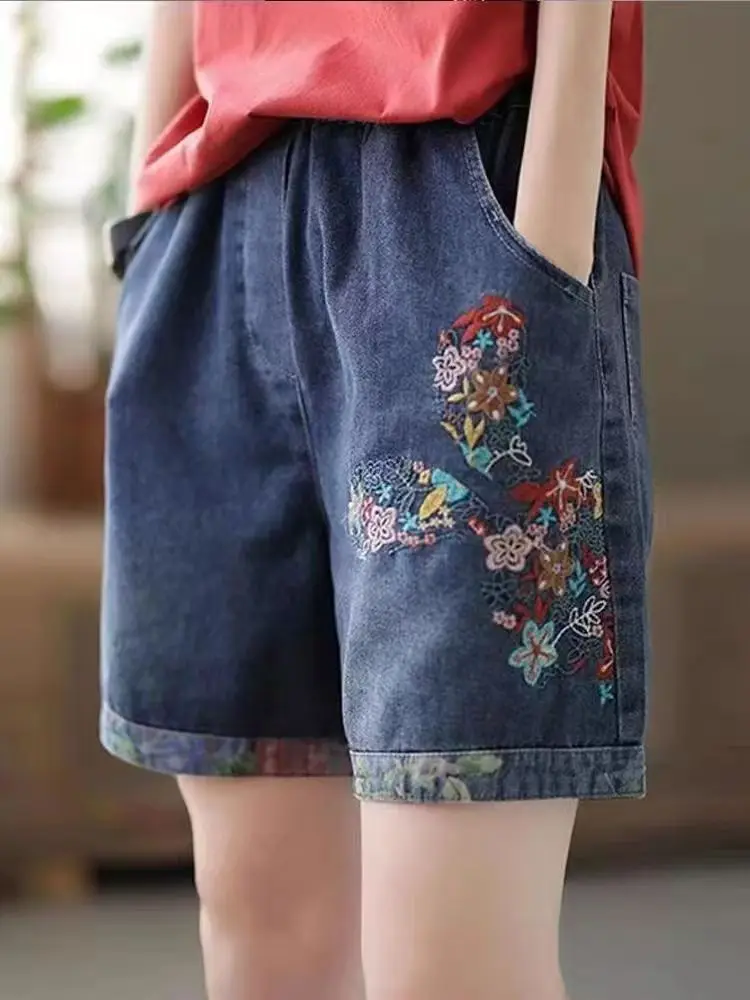 신축성 있는 허리가 있는 여름 루즈한 한국 스타일에 다재다능한 레트로 얇은 데님 반바지